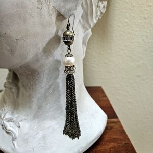 Anthropologie Black and Silver Dangle Earrings with Chain Tassels